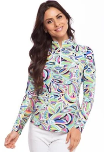 Ibkul Long Sleeve Zip Mock: Jackie White/Multi | SPF 50 - Picture 1 of 7