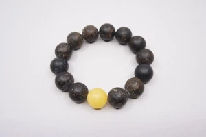 Natural Baltic Amber Bracelet 15 mm Black Round Unpolished Bead Women Men #5019C - Picture 1 of 10