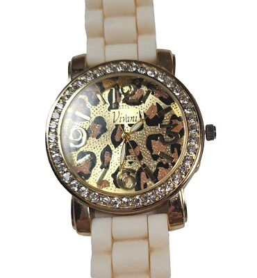 Vivani Women’s Goldtone 10" Watch Gold Cheetah Dial New Battery Cream Band - Image 1 of 4