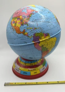 Vintage Metal Globe Coin Bank By Ohio Art Co with Months Seasons Zodiac Signs - Picture 1 of 16