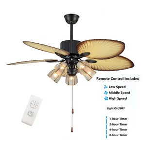 52 Inch Ceiling Fan Light Indoor Downrod Bronze Palm Tropical Blades W/ Remote - Picture 1 of 9
