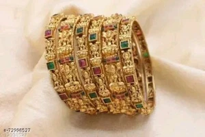 South Indian Lakshmi Design Heavy Matt Golden Kundan Bangle Antique Square Set - Picture 1 of 3