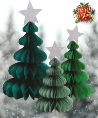 FM 3 Christmas Trees With Star Party Honeycomb Paper Tablescape Table Decoration
