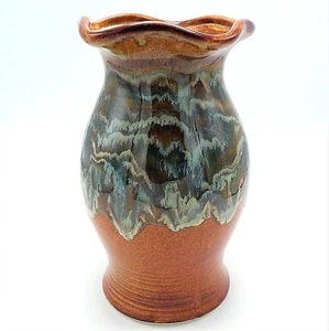Studio Art Pottery Vase Jar Utensil Holder Drip Glaze Brown Green Flutd Sign 10" - Picture 1 of 12