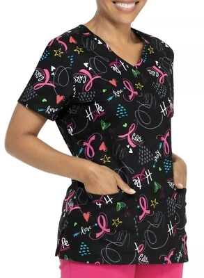 Women's Scrub Top Breast Cancer Awareness Black Love Woman’s Size Small - Image 1 of 3