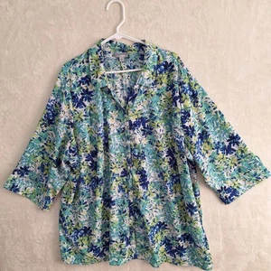 Catherines Women's Top Blouse Size 3X Blue & Green Floral Tunic Buttons Slit Hem - Picture 1 of 12