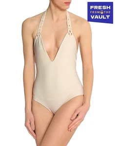 RRP€184 MIKOH One-Piece Swimsuit Size XL Ivory Stretch Macrame Trim - Picture 1 of 4