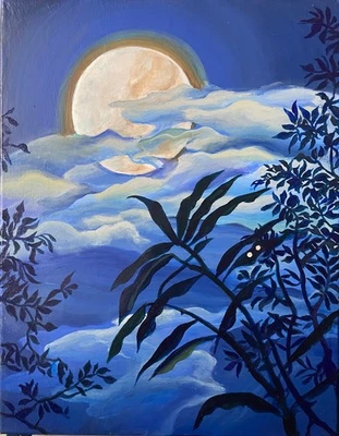 luar ao anoitecer acrílico sobre tela 14 x 18 silhueta azul violeta - Imagem 1 de 2