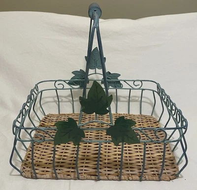 Rustic Green Metal Ivy Basket W/Wicker Bottom-Wooden Handle 11”x 9.5”x 9.5” - Image 1 of 4