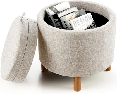 Beige Linen Round Storage Ottoman Stool 4-in-1 Footrest Tray Top Seat - Image 1 of 4