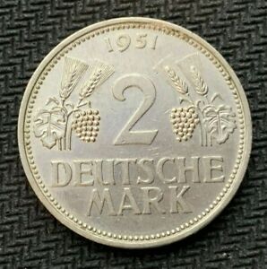 1951 Germany 2 Deutsche Mark Coin UNC BU  ( D  Mint )  High Grade   #C761