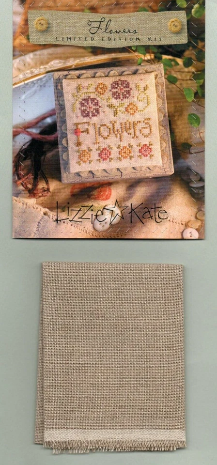 LIZZIE KATE "FLOWERS" LIMITED ED CROSS STITCH CHART + FABRIC (K64) 2013 - HTF - Image 1 of 1