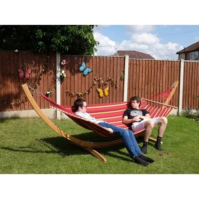 Outdoor Swing Hammock with Wooden Stand, 2 Persons Garden Patio Hanging Bed-Red - Image 1 of 4