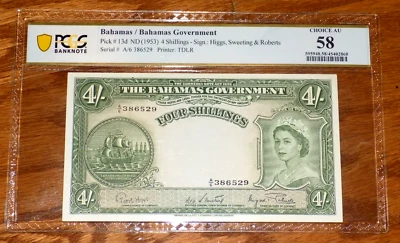 Bahamas 1953 4 Shillings P13d PCGS 58 CHOICE AU QEII British Admin. Banknote - Image 1 of 4