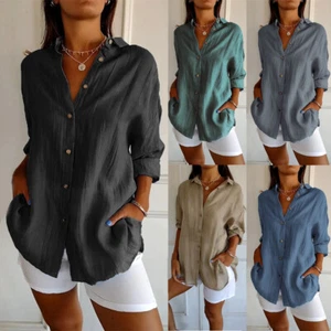 Women Long Sleeve Casual Shirt Ladies Linen Button Baggy Oversized Blouse Tops - Picture 1 of 21