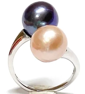 Round 10mm Edison Baby Pink & Black Blue Double Cultured Pearl Ring Size 6.5 - Picture 1 of 12
