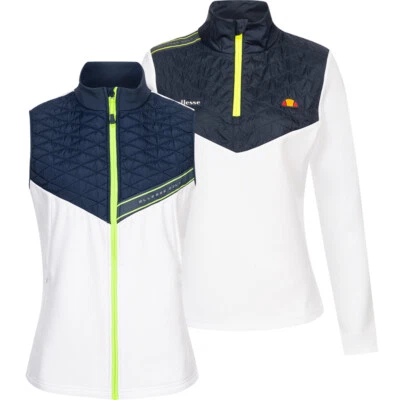 ellesse Delia 1/2 Zip Frann Damen Golf Langarm Ärmellos Oberteil Weste weiß neu