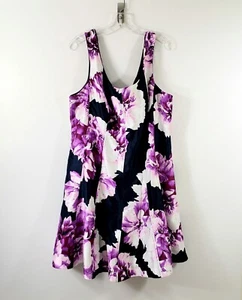 Dressbarn Damen Größe 18 Retro blau lila Blumen Swing ärmelloses Kleid - Bild 1 von 13