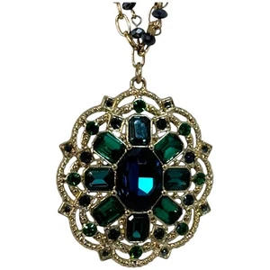 Halskette Pfau Kristall blau-grün mit goldener & blauer Kristallkette Pfauenoptik - Bild 1 von 19