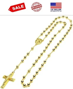 Collar de Cuentas Oro 14k chapado para Hombre Rosario Guadalupe Jesús cadena 28" - Picture 1 of 11
