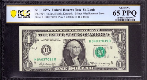 1969 A $1 FEDERAL RESERVE NOTE ST. LOUIS OVERPRINT MISALIGNMENT ERROR PCGS 65 Q Cover