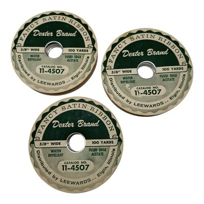 3 Vintage Dexter Brand Fancy Satin Ribbon Rolls  Light Pink Green Lavender - Image 1 of 4