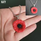 Red Poppy Flower Acrylic Necklace Silver Tone Chain Vintage Look Gift 
