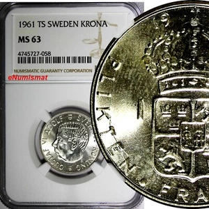 Sweden Gustaf VI Silver 1961 TS 1 Krona NGC MS63 GEM BU KM# 826 (058) - Picture 1 of 4