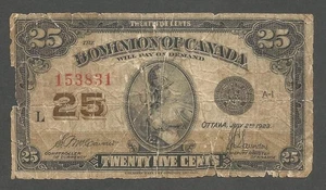 Canada, Dominion 25 Cents 2.7.1923; Poor; P-10b; C-DC24c; Sign: McCavour & Saund - Picture 1 of 2