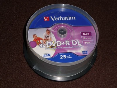 25x Verbatim DVD+R DL Double Layer INKJET PRINTABLE 8,5GB Cakebox - Bild 1 von 3