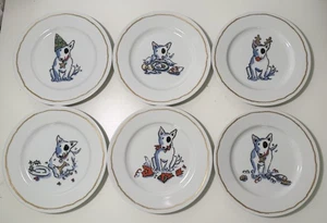 Complete Set 6 Williams Sonoma Trouble Bull Terrier Christmas Plates 7 3/4" Dog - Picture 1 of 10