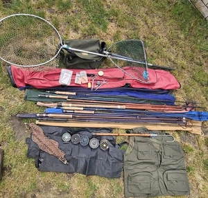 Fly fishing Equipment Job Lot Bob Church Sunridge Young Rods Reels Nets Vest Bag - Picture 1 of 23