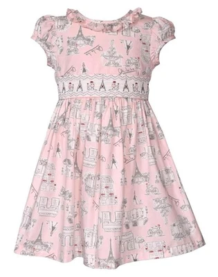 NEW Bonnie Jean Girls Size 4 "PINK PARIS PRINT" Eiffel Poodle Smocked Dress NWT - Image 1 of 4
