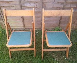 2 Vintage Mid Century Wood, Green Leatherette Folding Chairs, Imperfect. Redhill - Picture 1 of 21