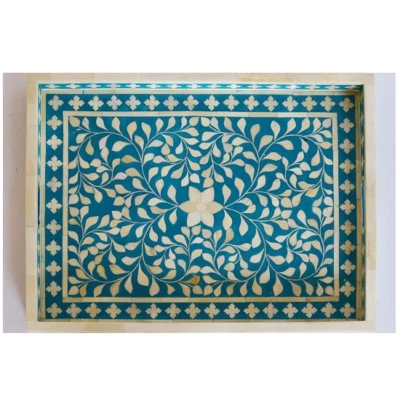 Handmade Bone Inlay Floral Pattern Serving Tray for Home and Office Decor - Image 1 of 4