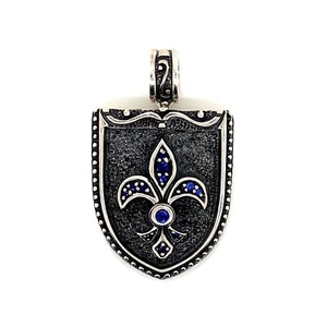 925 Sterling Silver Mens Sapphire Fleur De Lis Pendant Charm 31 Grams - Picture 1 of 3