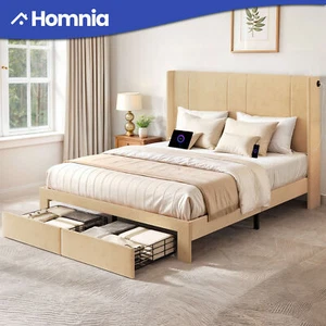 Queen Size Storage Bed Frame Upholstered Headboard w/ Platform 2 Drawers & USB - Picture 1 of 13