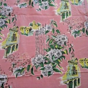 50cm x121cm Vintage Retro Curtain Fabric 1950s Pink Novelty Cotton Barkcloth era - Picture 1 of 7
