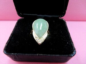 14k Solid Y. Gold Green Jadeite Jade & Diamond Ring Size 7 / 3.74 Grams
