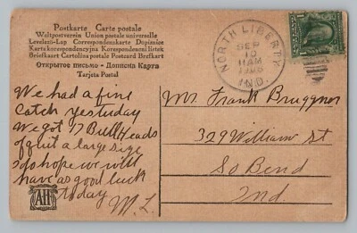 North Liberty Indiana Message About Fishing Catching 17 Bullheads 1908 Postcard - Image 1 of 2