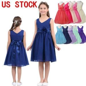 Kids Flower Girls Dress V-Neck Chiffon Princess Dress Evening Prom Ball Gown - Picture 1 of 82
