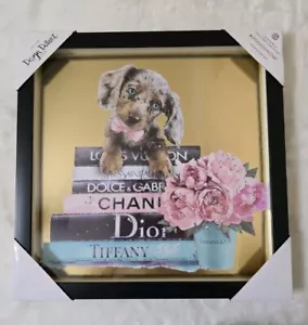 Design District Dapple Dachshund Fashion Gold Shadow Glass Frame Wall Art 14x14 - Picture 1 of 9