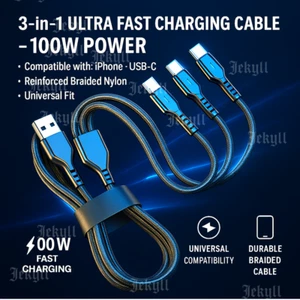 Cable 3 en 1 100W carga rápida USB para iPhone Tipo C Micro nylon reforzado - Imagen 1 de 13