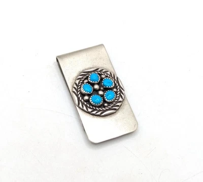 Vintage Sterling Silver M Turquoise Stone Money Clip Native American Ornate Gift - Image 1 of 4