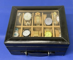 Fossil Leather 10-Watch Case Full Of Watches With Drawer- Clear Cover - Picture 1 of 14