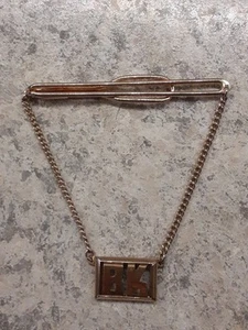 Vintage Swank Goldtone Tie Bar w/Chain Initials "BK" Art Deco Style - Picture 1 of 4