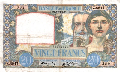 France 20 Francs 1939 Pick # 92a VF-CVF - Image 1 of 3