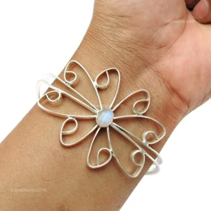 Natural Rainbow Moonstone Sterling Silver Flower Bangle Birthday Gift Bracelet - Picture 1 of 6
