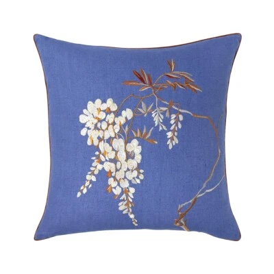 New Iosis Yves Delorme Wisteria Floral Embroidery 18" Accent Cushion Cover Linen - Image 1 of 4