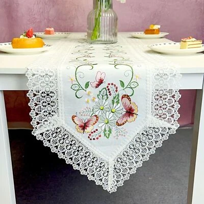 Vintage Embroidered Butterfly Floral Lace Table Runner Dresser Scarf Wedding - Image 1 of 4